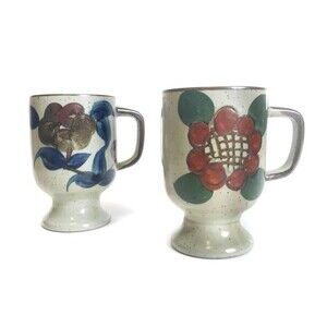 Otagiri Style Mugs Mid Century Speckled Floral Vintage 70's Pedestal Set of 2